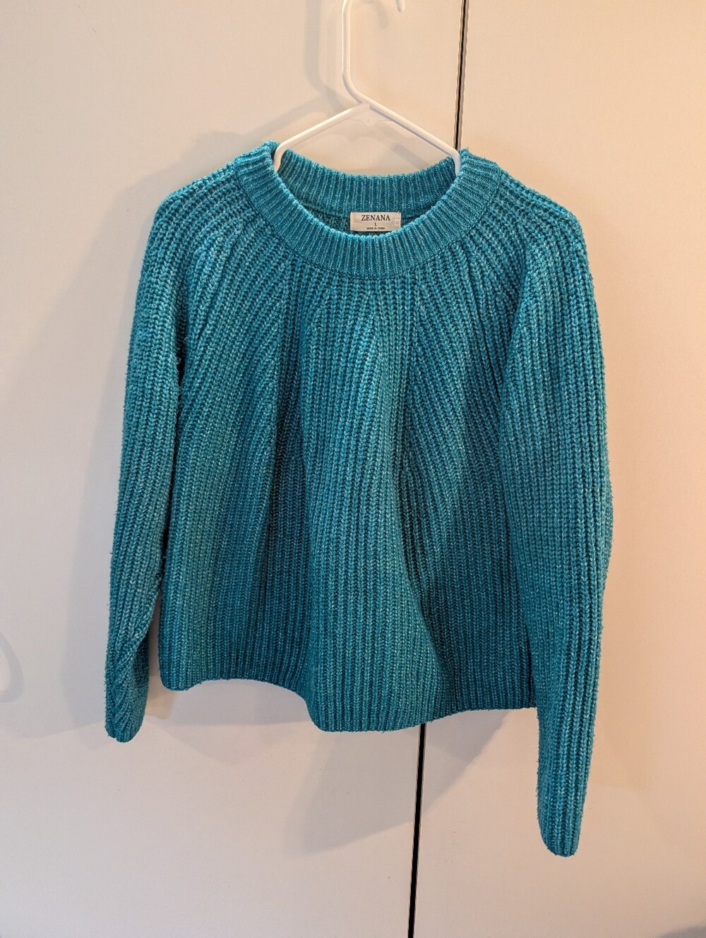 Zenana Woman's Large Teal Ribbed Crewneck Sweater - Women